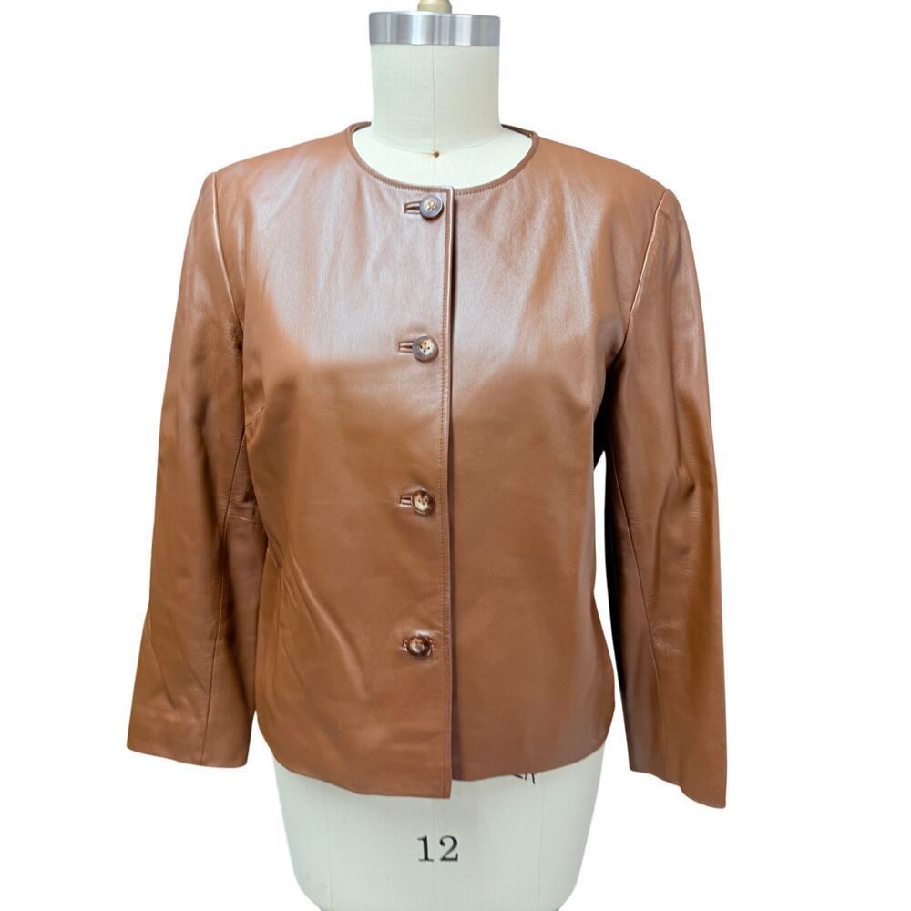 Talbots Petites Brown Leather Jacket Button Front Size 16P - Picture 2 of 6